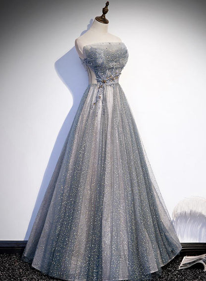 Gray tulle beads long prom dress evening dress M2258