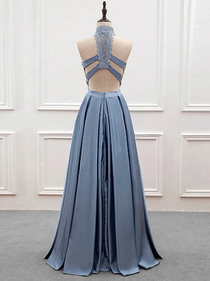 A Line High Neck Prom Dress Backless Two Pieces Formal Evening Dresses Gala Gown M2571