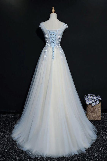 A Line Cap Sleeves Tulle Prom Dress, Floor Length Appliqued Evening Dress with Flowers M1489