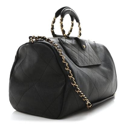 Grained Calfskin Lambskin Quilted Large Bowling Bag Black