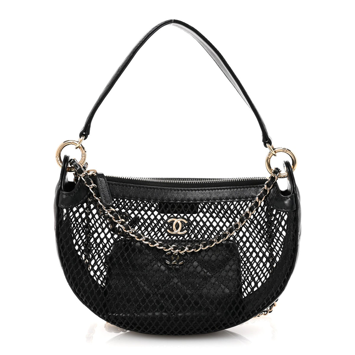 Mesh Shiny Lambskin Chain Hobo Black