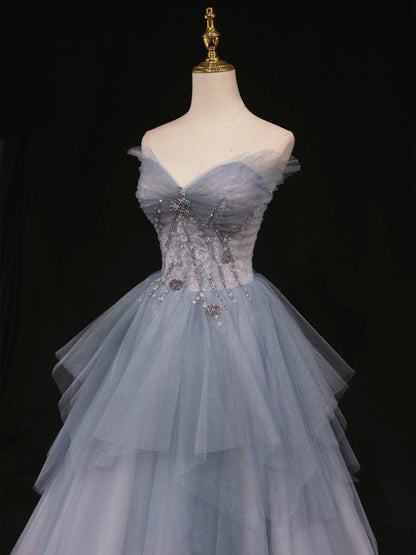 Sweetheart Neck Blue Ombre Tulle Long Prom Dresses, Blue Ombre Long Tulle Formal Evening Dresses M2576