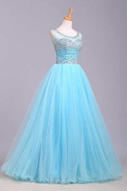 Blue Scoop Sleeveless Tulle Prom Dress with Sequins, Floor Length Puffy Evening Dress M1505
