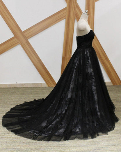 Black Lace Strapless Long Sweet 16 Prom Dress, Long Tulle Graduation Dress M1626