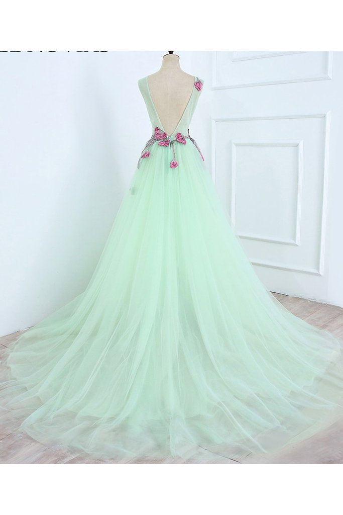 A Line Mint Green Sleeveless Tulle Formal Dress with Appliques, Long Tulle Prom Dress M1622