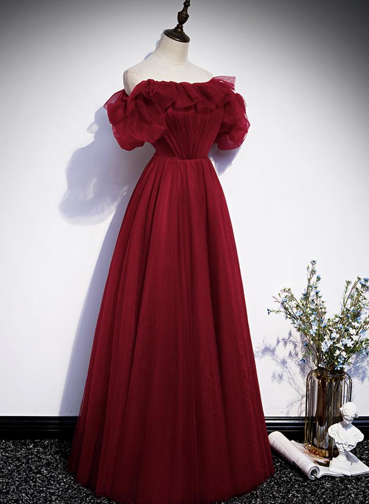 Burgundy tulle long prom dress evening dress M2300