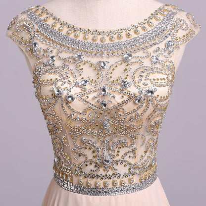 A Line Floor Length Scoop Chiffon Prom Dress, Beading Long Evening Dresses M1508