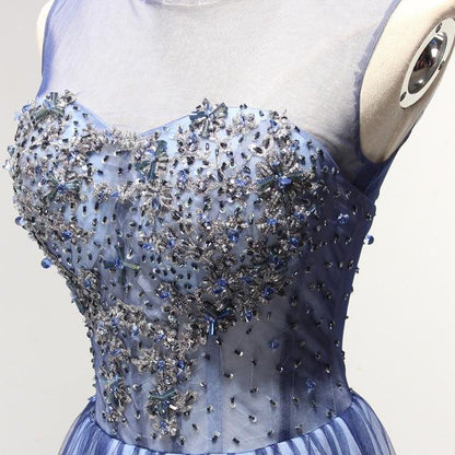 New Arrival A Line Cheap Sheer Neck Prom Dress with Rhinestones, Long Tulle Party Dress M1746