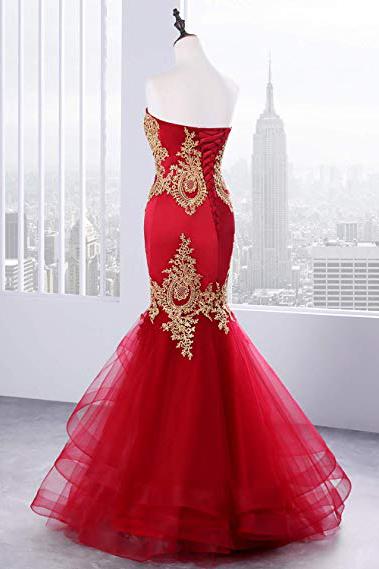 Floor Length Sweetheart Mermaid Red Prom Dress, Gold Appliqued Long Evening Dress M1525
