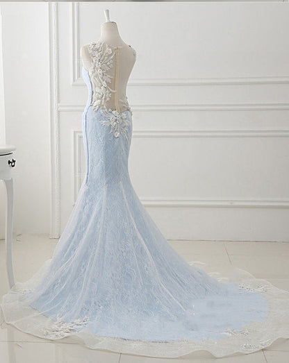 Baby Blue Sweep Train Lace Mermaid Evening Dresses, Formal Dress With Applique M1628