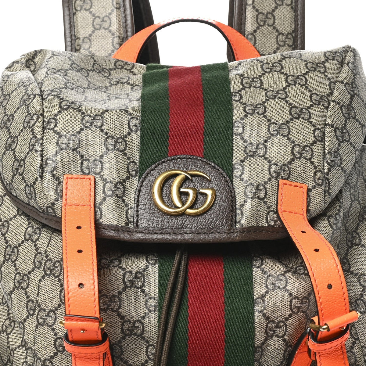 GG Supreme Monogram Medium Ophidia Double Buckle Backpack Beige Ebony Neon Orange