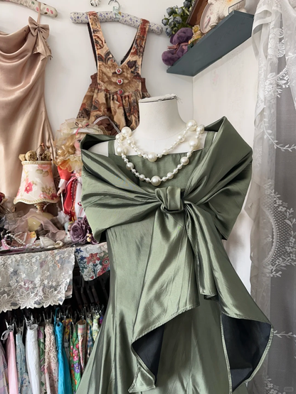 Vintage Green Satin Shawl Design Elegant A-Line Long Evening Dress Prom Dresses D1679