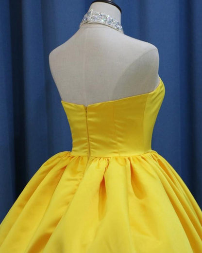 Yellow Ball Gown High Neck Prom Dress with Beading, Long Halter Quinceanera Dress M1553