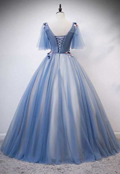 Blue tulle long ball gown dress A line evening dress  M621