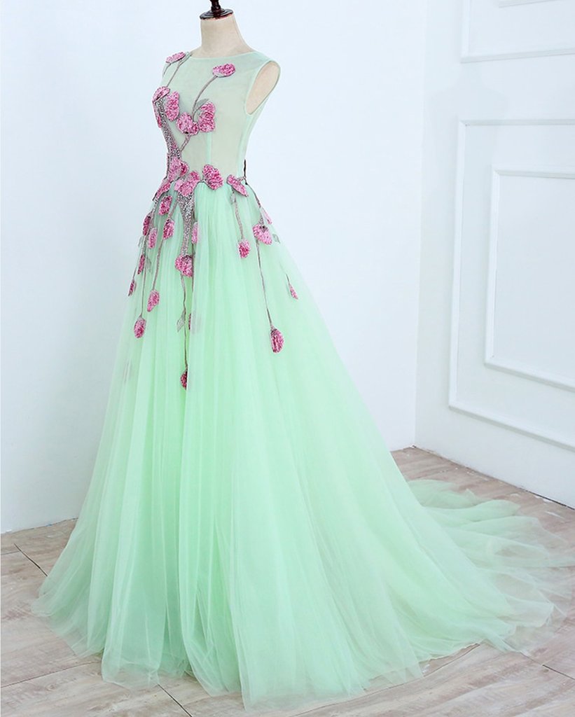 A Line Mint Green Sleeveless Tulle Formal Dress with Appliques, Long Tulle Prom Dress M1622