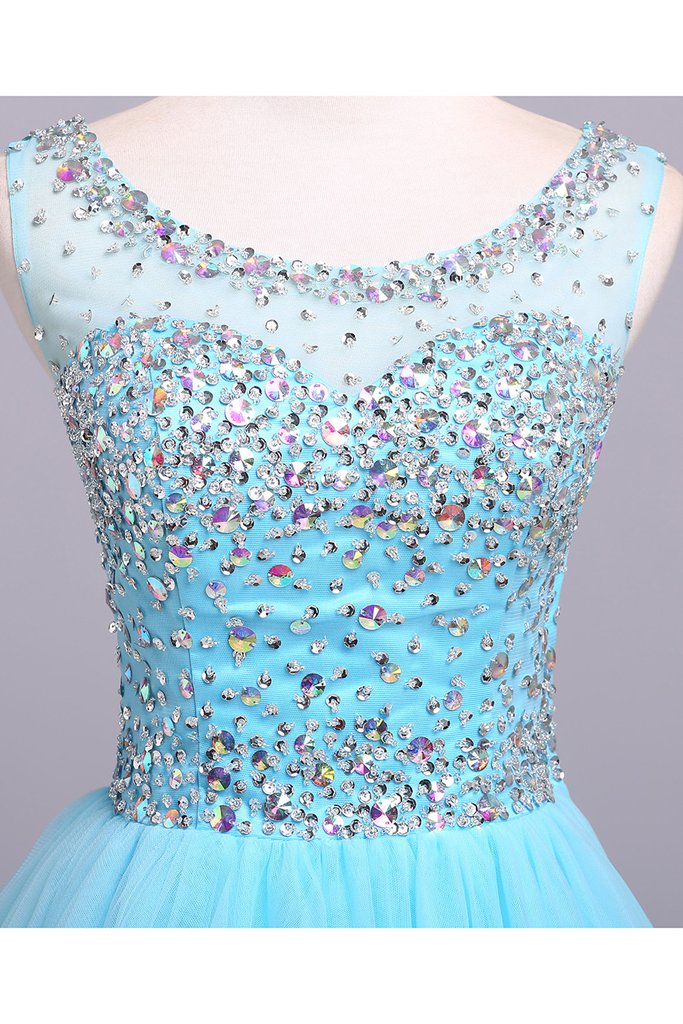 Blue Scoop Sleeveless Tulle Prom Dress with Sequins, Floor Length Puffy Evening Dress M1505