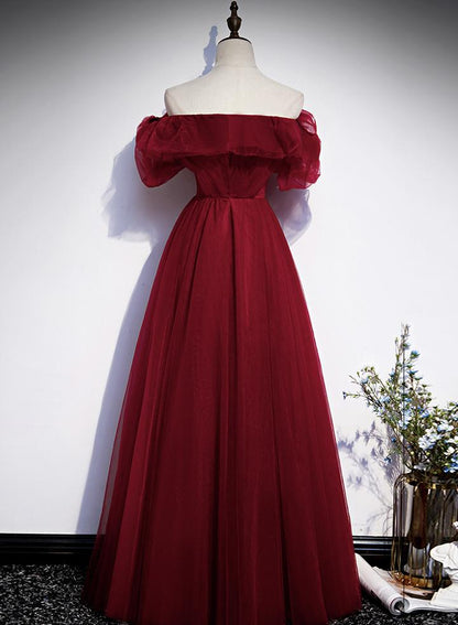 Burgundy tulle long prom dress evening dress M2300