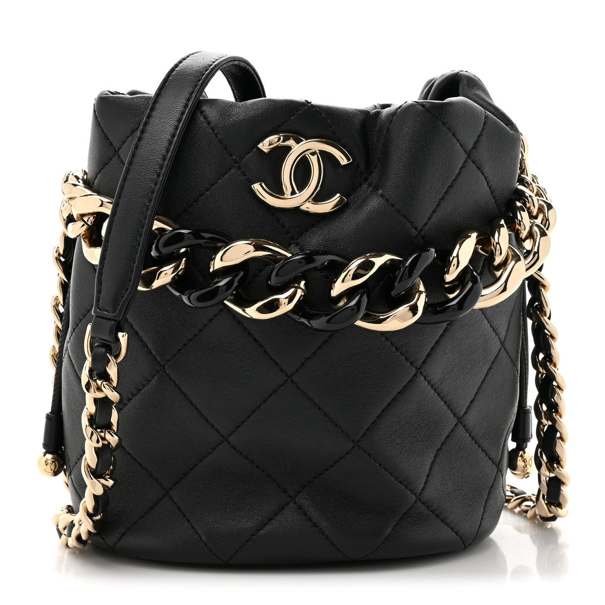 Lambskin Quilted Resin Bi-Color Chain Bucket Bag Black