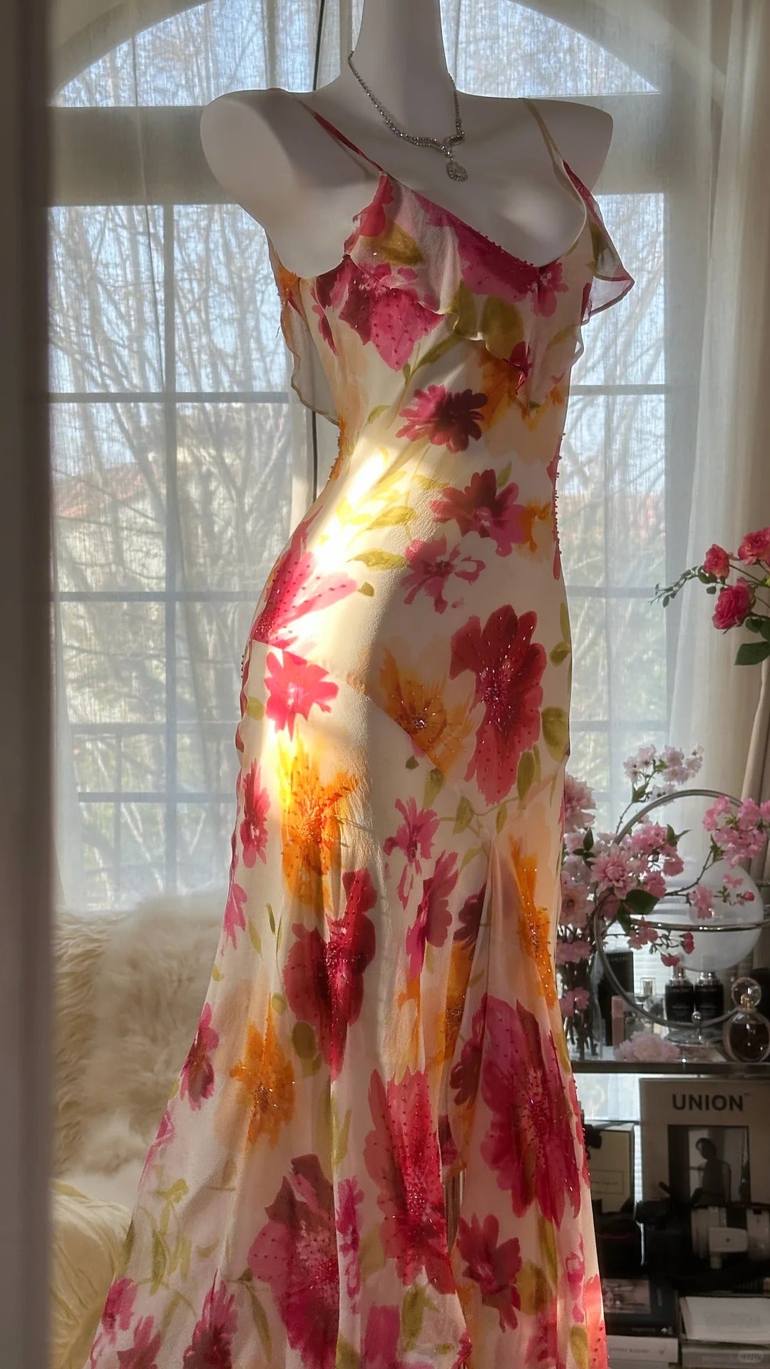 Vintage Floral A-line V-neck Spaghetti Strap Evening Dress Prom Dresses, D1432