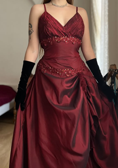 Vintage A Line Straps Appliques Burgundy Satin Prom Dress Evening Dress SH6072
