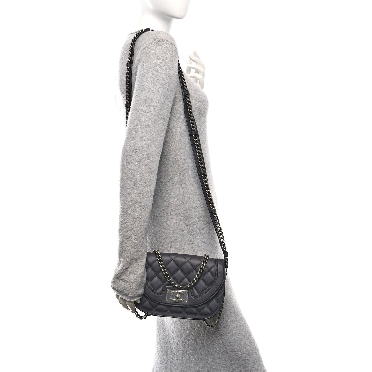 Shiny Goatskin Quilted Small Double Chained Messenger Flap Black