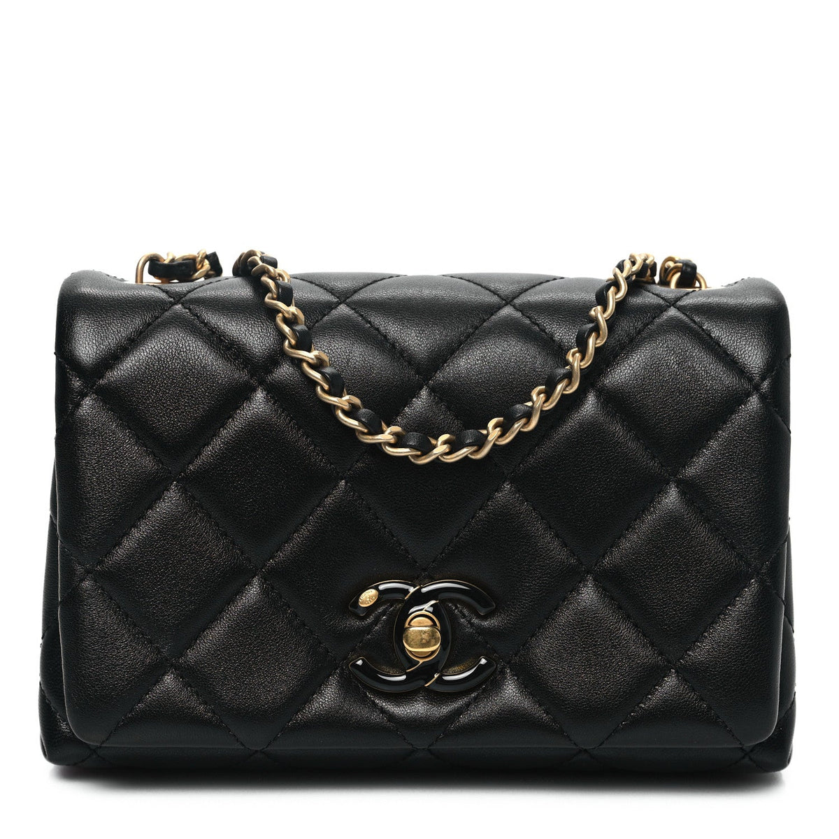 Shiny Lambskin Quilted Enamel CC Mini Flap Black