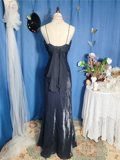 Vintage Black Simple Mermaid Spaghetti Strap Chiffon Satin Prom Dress Outfits SH4955