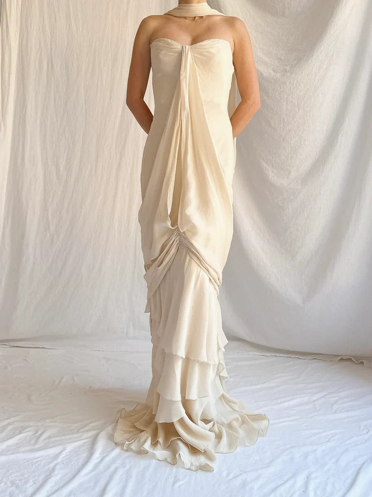 Vintage Apricot Draped Gown Featuring Strapless Neckline Dress with Scarf SH3628