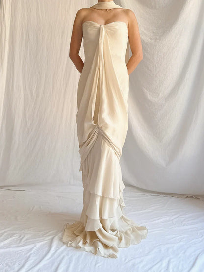 Vintage Apricot Draped Gown Featuring Strapless Neckline Dress with Scarf SH3628