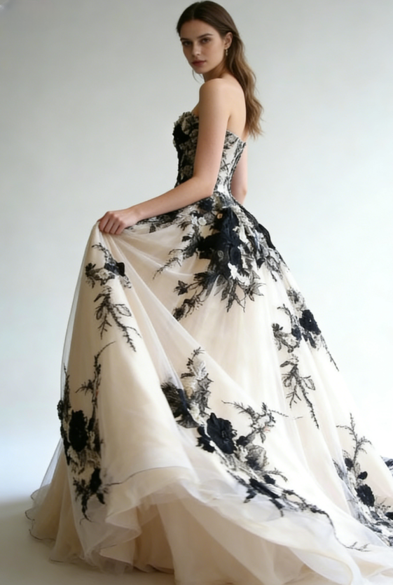 Stunning Ball Gown Sweetheart Neck Black Appliques Tulle Prom Dress  Evening Gown SH5421