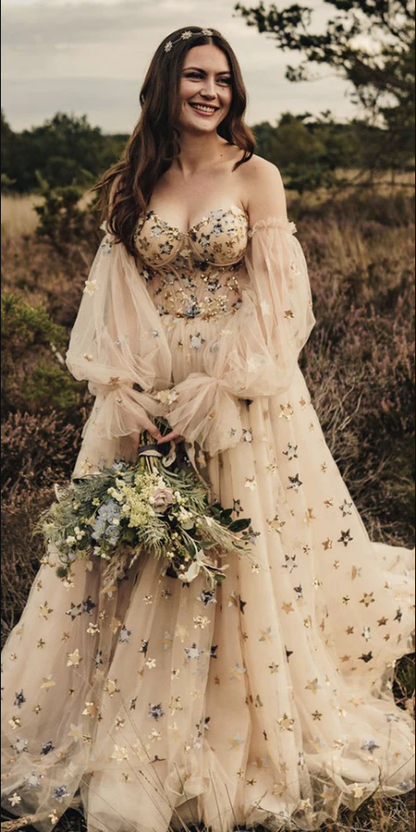 Sweetheart Champagne Tulle Bubble Sleeves Long A Line Prom Dress Beaded Evening Dress KS7039