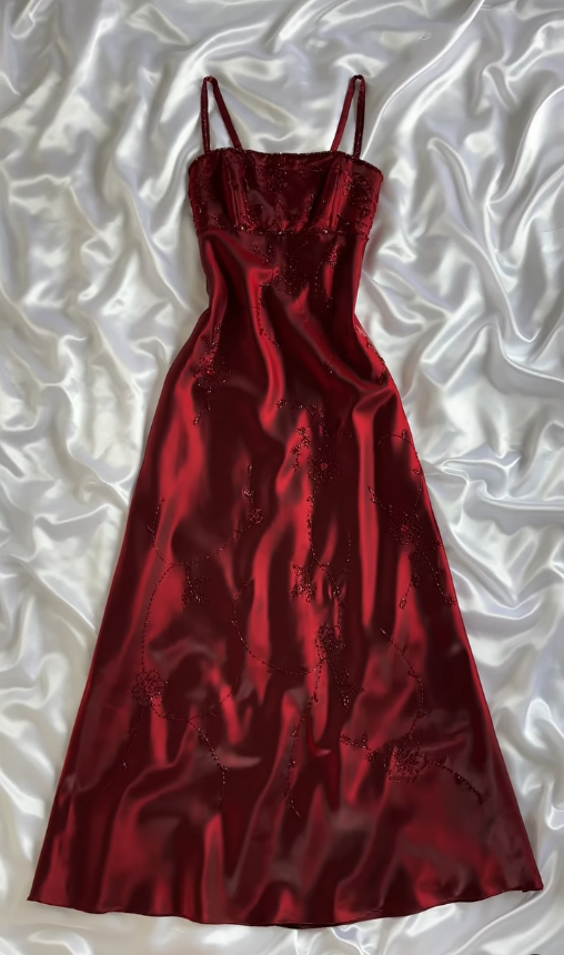 Vintage A Line Straps Beaded Gloss Burgundy Satin Long Prom Dress SH5455