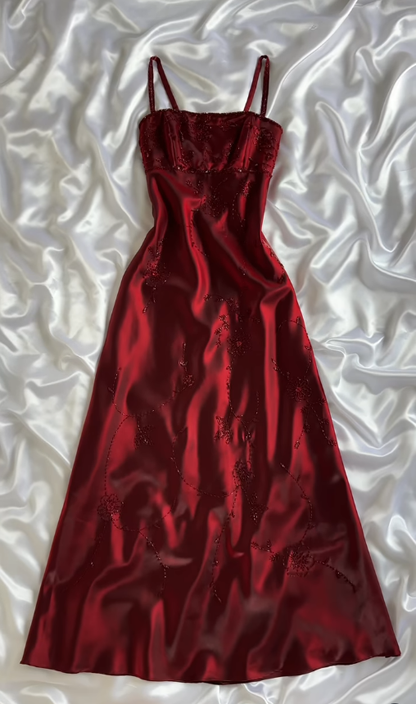 Vintage A Line Straps Beaded Gloss Burgundy Satin Long Prom Dress SH5455