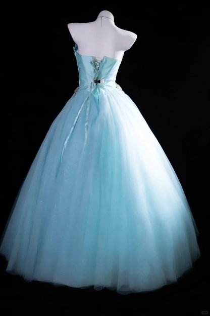 Vintage Blue A Line Strapless Pleated Beaded Satin Tulle Long Graduation Prom Dress SH5288