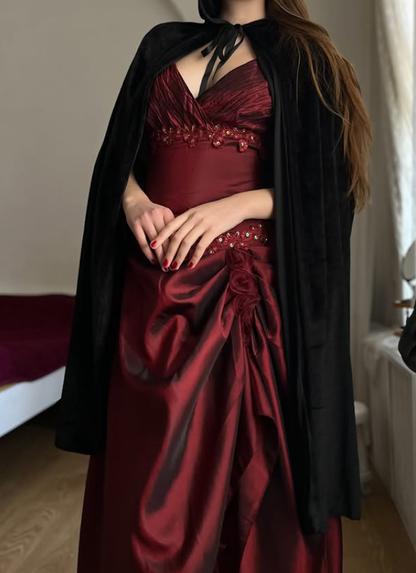 Vintage A Line Straps Appliques Burgundy Satin Prom Dress Evening Dress SH6072