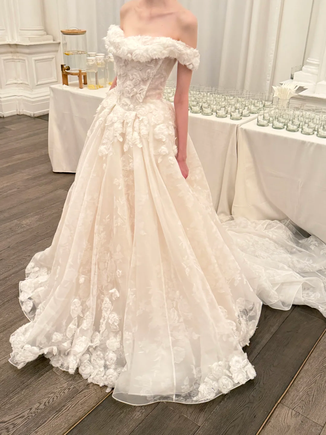 Sweety Ball Gown Off the Shoulder White 3D Floral Tulle Wedding Dress SH5076