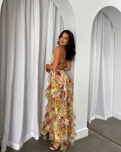 Stunning Print Floral A Line Straps Ruffle Chiffon Prom Dress Party Dress SH4019