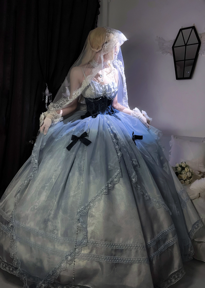 Stunning Blue Bow A Line Lace Tulle Lolita Goth Boning Dress Prom Dress SH4911