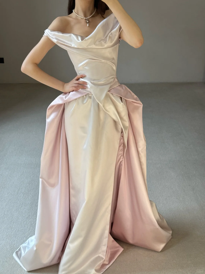 Unique Pink White Ombre A Line Off the Shoulder Pleated Satin Long Wedding Dress SH5152