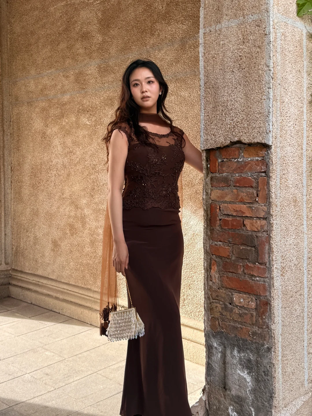 Vintage Brown A Line Round Neck Beaded Lace Chiffon Prom Dress Wedding Guest Dress SH5495