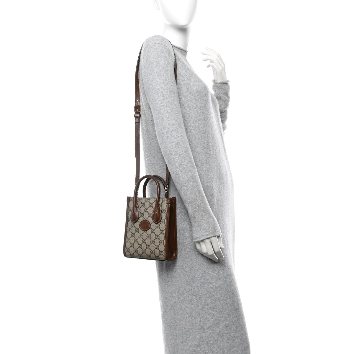 GG Supreme Monogram Azalea Calfskin Mini Retro Interlocking G Tote Bag Beige Ebony Brown Sugar