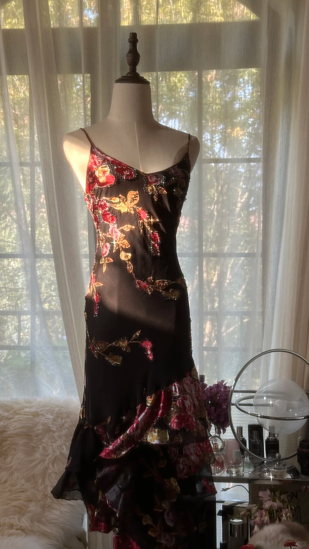 Vintage Black Spaghetti Strap Floral Design Romantic Chiffon Evening Dress Prom Dress D1517