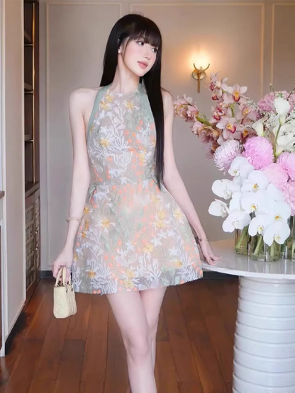 Vintage Fashion Floral Halter Dress Design A-line Party Dresses Homecoming Dresses, D1386