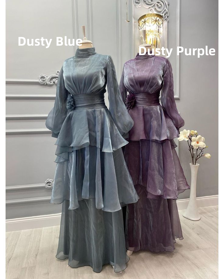 Blue High Neck Long Sleeves A-Line Chiffon Modest Long Formal Party Dress, D795