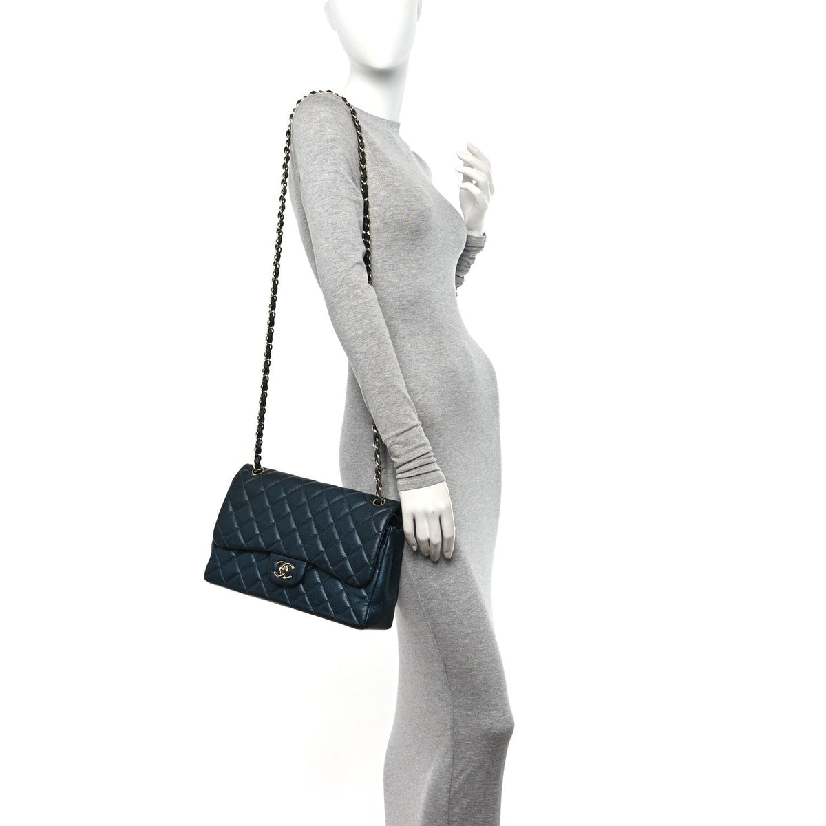 Metallic Caviar Quilted Jumbo Double Flap Dark Blue