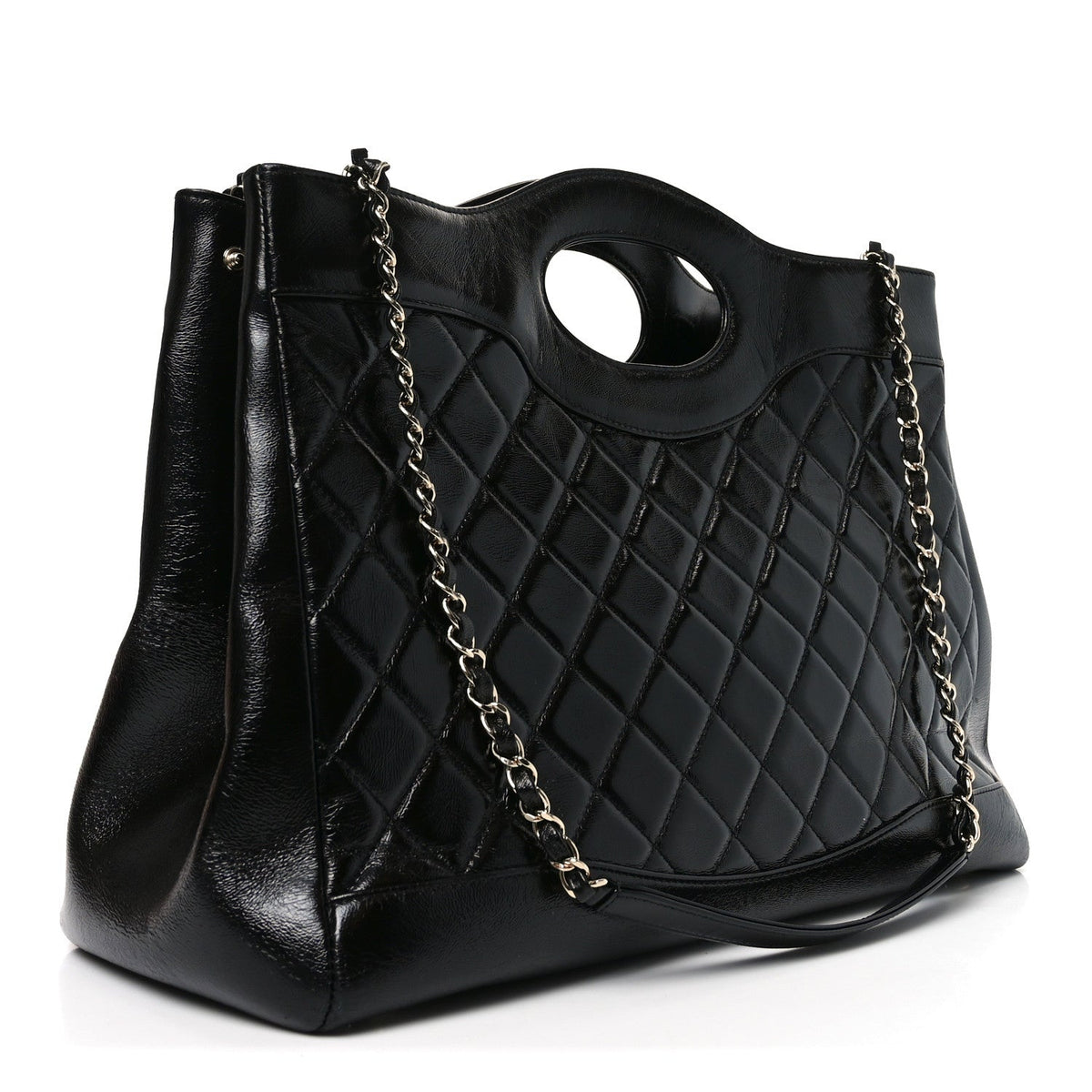 Shiny Crumpled Calfskin Quilted Large 31 Shopping Bag Black