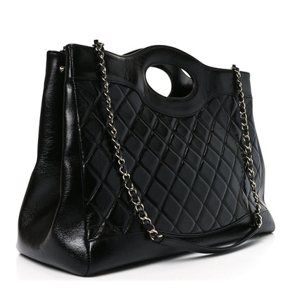 Shiny Crumpled Calfskin Quilted Large 31 Shopping Bag Black