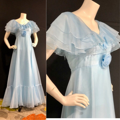 Light Blue A-Line Chiffon Ruffles Long Party Dress Retro Birthday Dress, D770