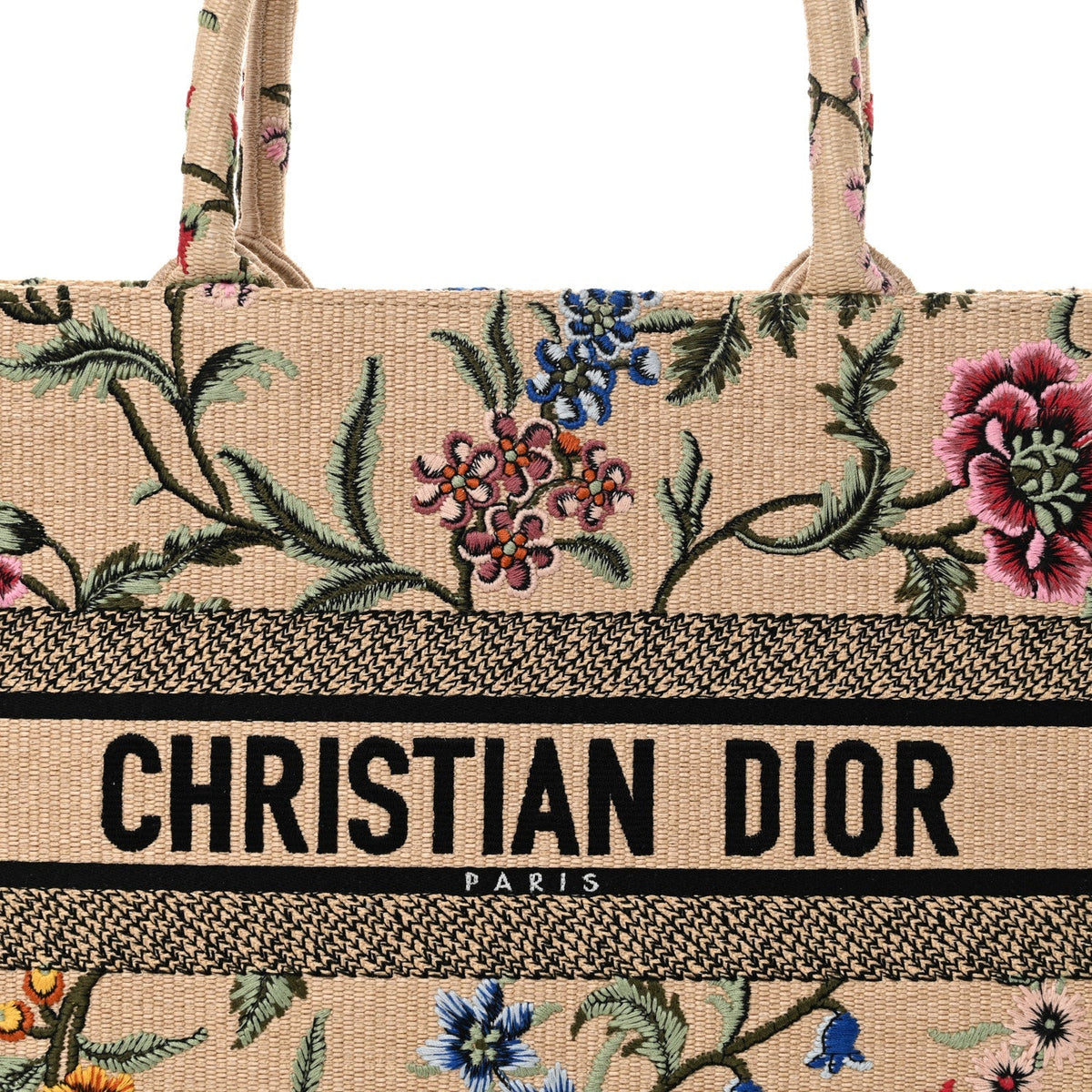 Raffia Embroidered Petites Fleurs Medium Book Tote Natural