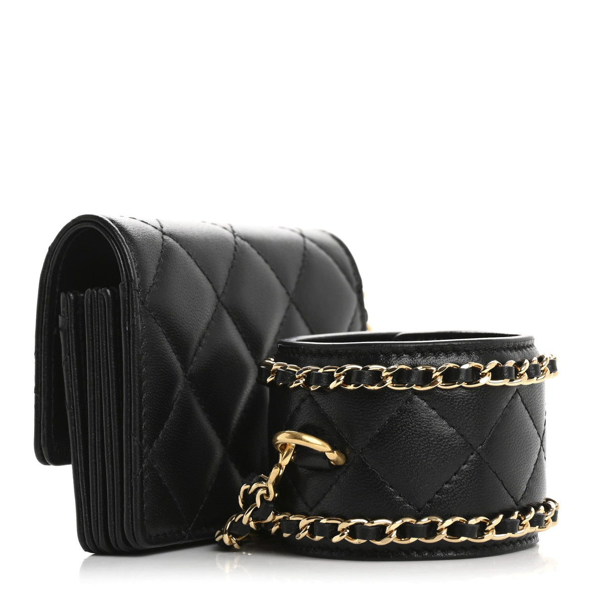 Lambskin Quilted Flap Card Holder With Cuff Black